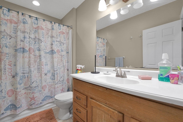 bathroom featuring tile patterned flooring, toilet, vanity, and shower / bath combination with curtain