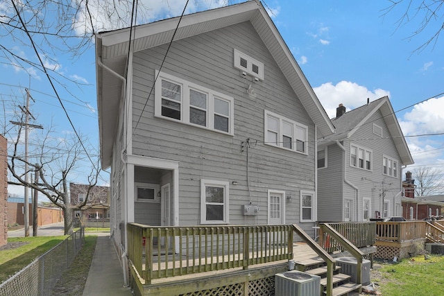 rear view of property featuring central AC, fence, and a deck