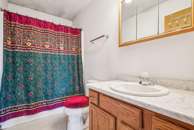 full bathroom featuring toilet, a shower with curtain, and vanity