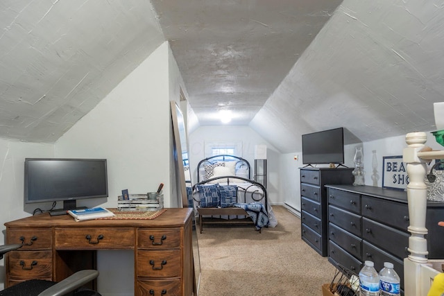 bedroom featuring light colored carpet, vaulted ceiling, and a baseboard heating unit