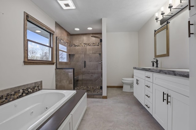 bathroom with toilet, visible vents, a whirlpool tub, a shower stall, and vanity