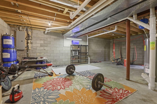 unfinished basement featuring electric panel, water heater, and concrete block wall