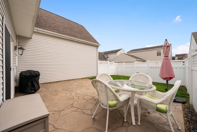 view of patio / terrace with a fenced backyard, outdoor dining area, and a grill