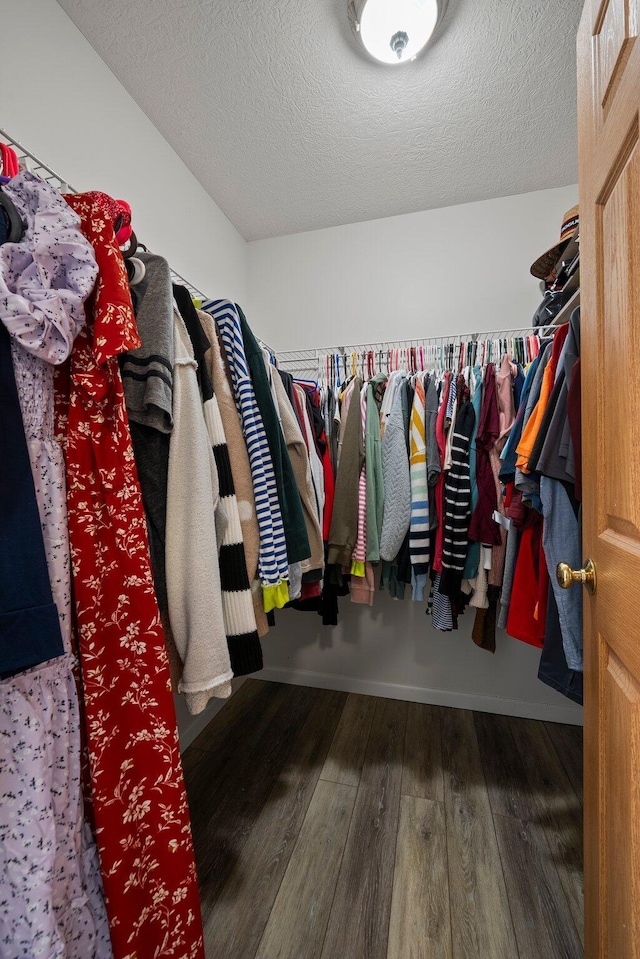 walk in closet with wood finished floors