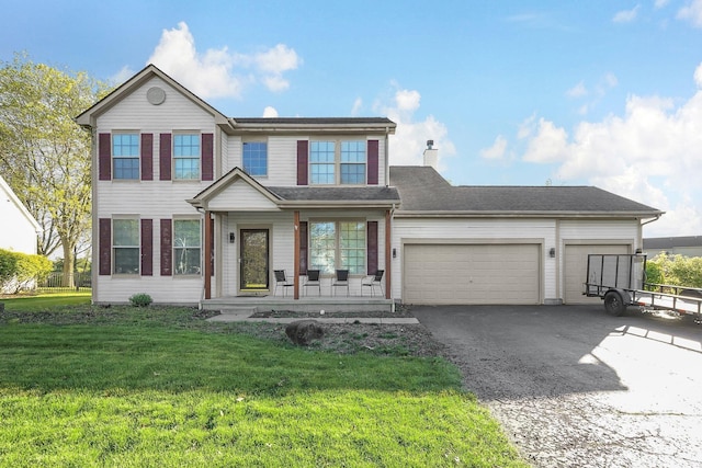 1065 Mastell Dr, Reynoldsburg, OH 43068 - view of front of house with driveway, covered porch, a garage, a front lawn, and a chimney