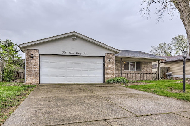 single story home with brick siding, concrete driveway, a porch, and an attached garage