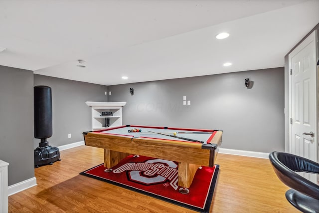 rec room featuring baseboards, billiards, wood finished floors, and recessed lighting