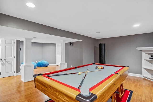 rec room with wood finished floors, baseboards, recessed lighting, ornate columns, and pool table
