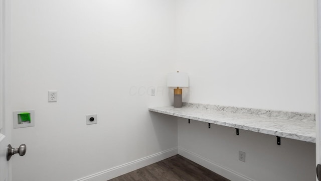 clothes washing area with laundry area, baseboards, electric dryer hookup, washer hookup, and dark wood-style flooring