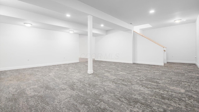 finished basement with baseboards, carpet, and recessed lighting