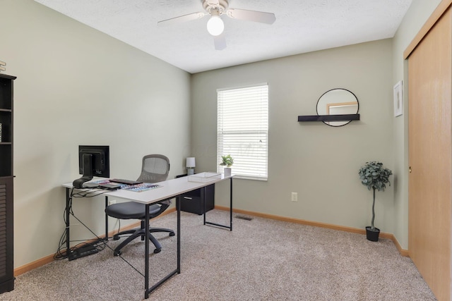 2131 Ripple Rd, Hilliard, OH 43026 - office featuring baseboards, a ceiling fan, visible vents, and light carpet