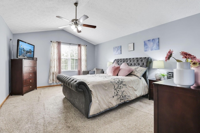 2131 Ripple Rd, Hilliard, OH 43026 - bedroom featuring ceiling fan, a textured ceiling, light colored carpet, vaulted ceiling, and baseboards