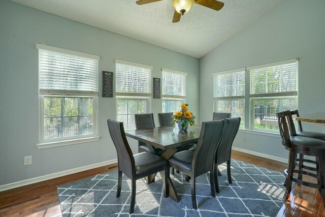 dining space with a textured ceiling, baseboards, lofted ceiling, wood finished floors, and ceiling fan