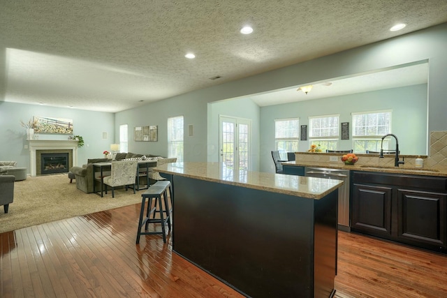 kitchen with stainless steel dishwasher, light stone counters, a center island, a sink, and open floor plan