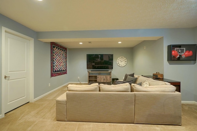 living room with light carpet, baseboards, and recessed lighting