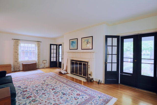 536 E Allen St, Lancaster, OH 43130 - living room featuring ornamental molding, french doors, wood finished floors, and a premium fireplace