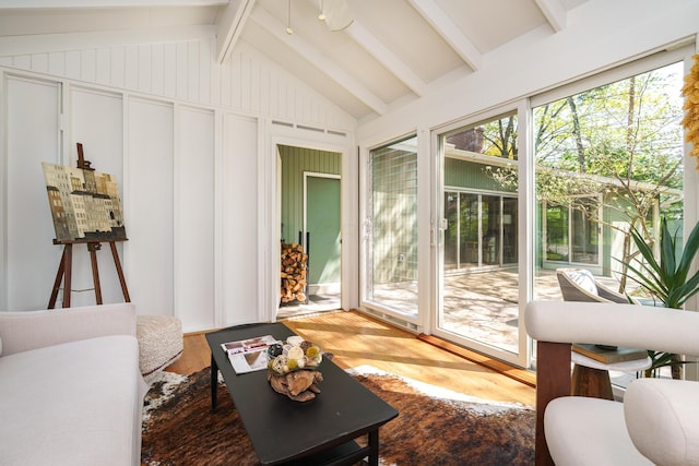 sunroom with beamed ceiling
