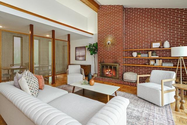 living area featuring beamed ceiling, recessed lighting, high vaulted ceiling, and a fireplace