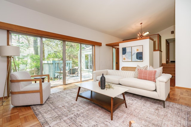 living room with lofted ceiling