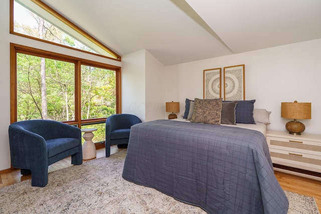 bedroom featuring wood finished floors and vaulted ceiling
