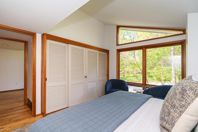 bedroom with light wood-type flooring, vaulted ceiling, and a closet