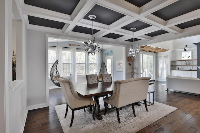 dining room with coffered ceiling, a chandelier, beamed ceiling, baseboards, and dark wood-type flooring