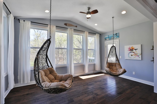 sitting room featuring lofted ceiling, a ceiling fan, dark wood-style floors, and recessed lighting