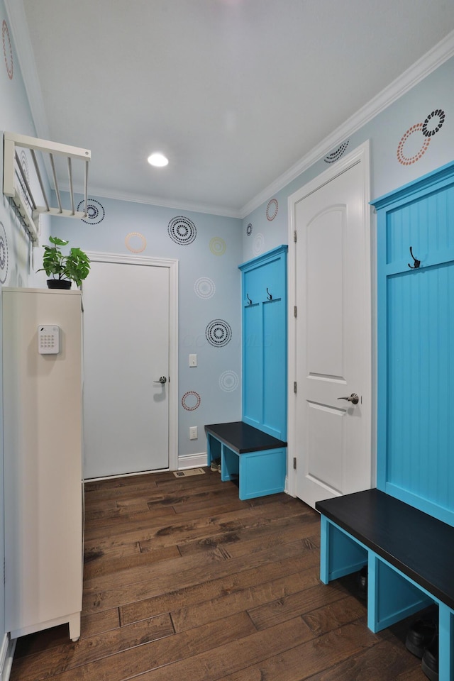 mudroom with ornamental molding, recessed lighting, and dark wood-style flooring