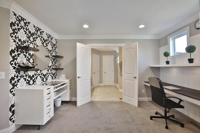 carpeted home office with baseboards, recessed lighting, ornamental molding, and visible vents
