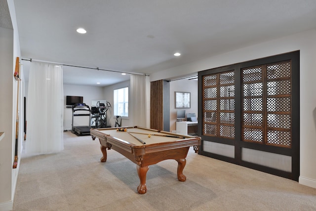 recreation room with recessed lighting, light carpet, and pool table