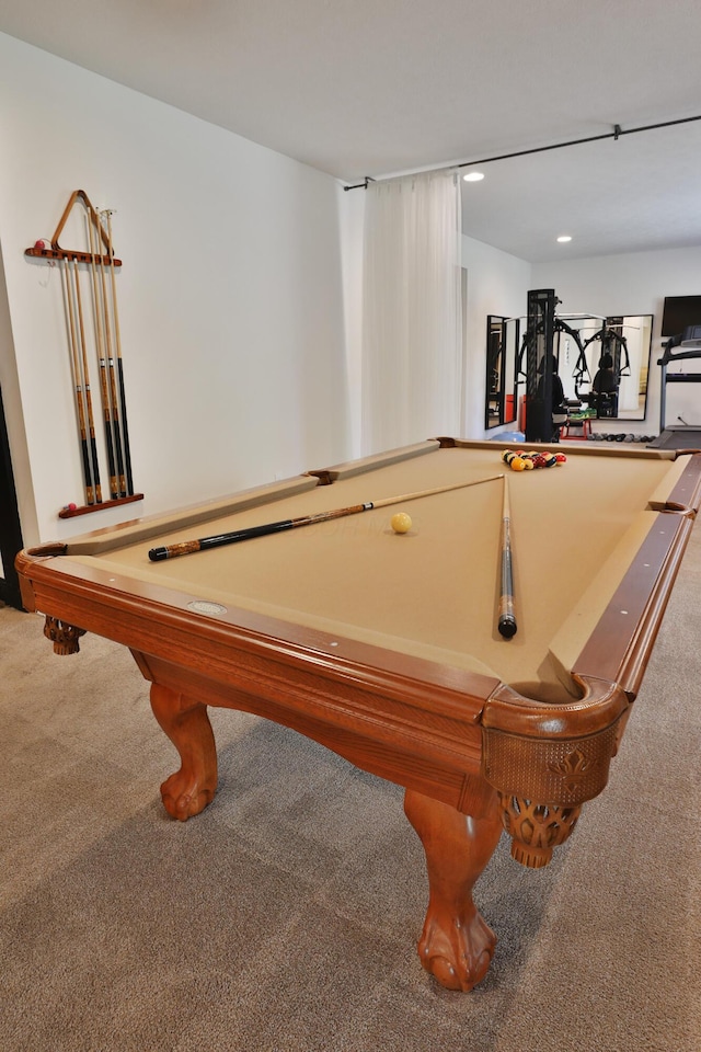 recreation room featuring recessed lighting, billiards, and carpet