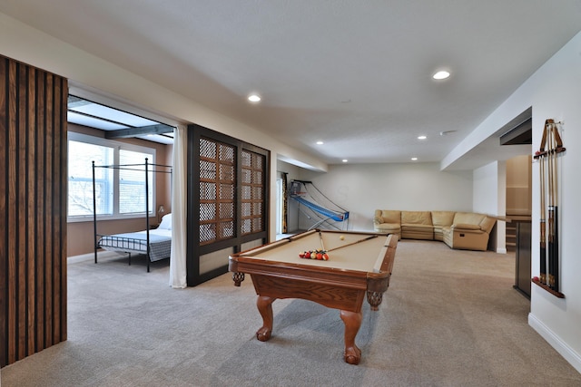recreation room featuring carpet, pool table, recessed lighting, and baseboards