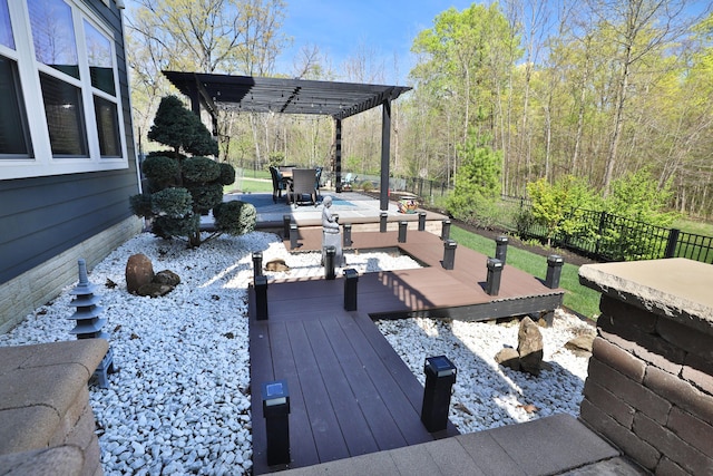 wooden terrace with fence and a pergola