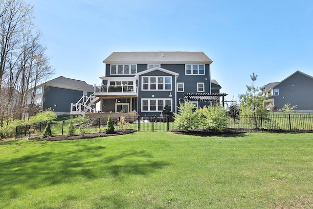 rear view of house featuring stairs, a deck, a pergola, a yard, and a fenced backyard