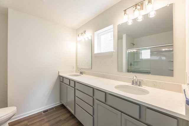 325 Woods Edge Loop, Pataskala, OH 43062 - bathroom with a shower with door, double vanity, toilet, wood finished floors, and plenty of natural light
