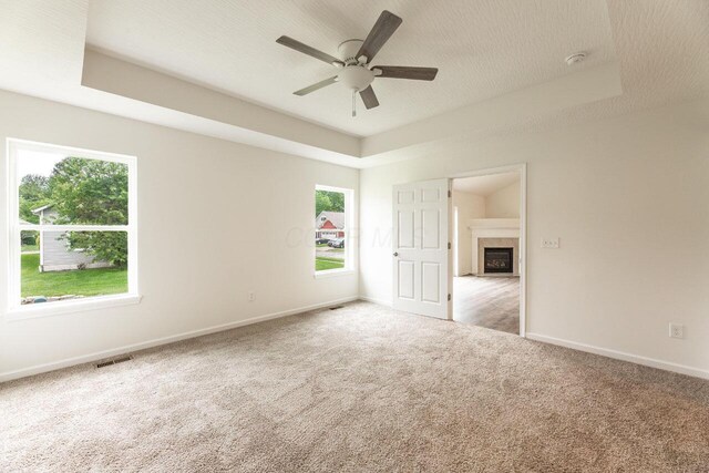 325 Woods Edge Loop, Pataskala, OH 43062 - carpeted spare room featuring a raised ceiling, healthy amount of natural light, a fireplace, and baseboards