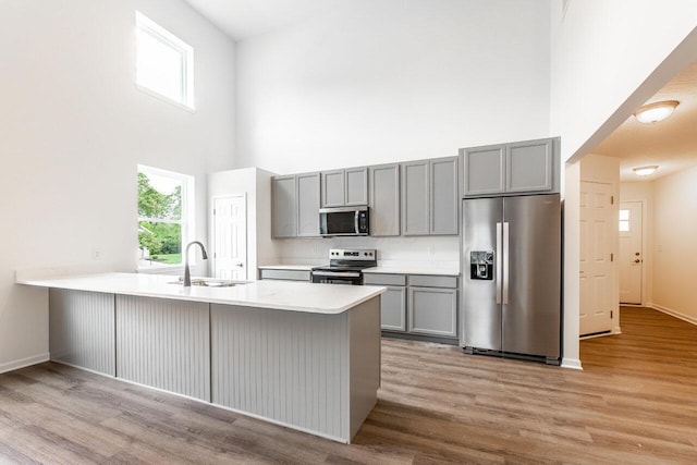 325 Woods Edge Loop, Pataskala, OH 43062 - kitchen featuring appliances with stainless steel finishes, a sink, gray cabinetry, a high ceiling, and a peninsula