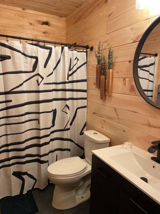bathroom featuring vanity, wood walls, toilet, wood ceiling, and a shower with curtain