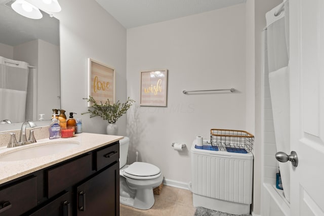 5938 Bears Run Rd, Columbus, OH 43232 - bathroom featuring vanity, toilet, radiator heating unit, tile patterned floors, and shower / bath combo