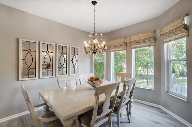 dining space with a chandelier, wood finished floors, and baseboards
