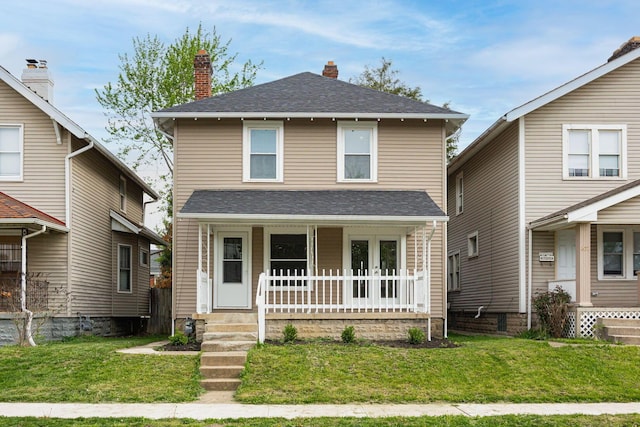 196 E Woodrow Ave, Columbus, OH 43207 - traditional style home featuring covered porch, a chimney, a front lawn, and roof with shingles