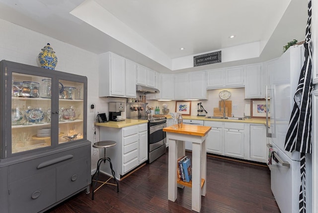 91 Glen Dr, Worthington, OH 43085 - kitchen featuring a sink, stainless steel range with electric cooktop, butcher block counters, white cabinets, and under cabinet range hood