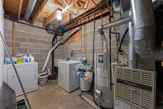 91 Glen Dr, Worthington, OH 43085 - interior space with water heater, concrete block wall, and washing machine and dryer