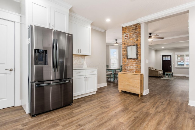 103 W Park Ave, Columbus, OH 43222 - kitchen with ceiling fan, stainless steel fridge with ice dispenser, decorative backsplash, and a healthy amount of sunlight