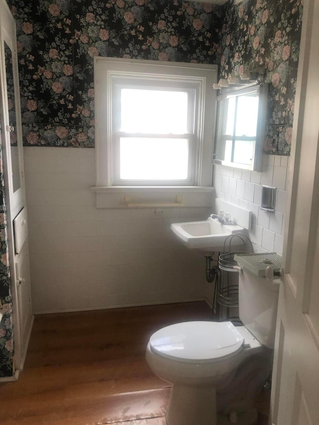 half bathroom featuring toilet, tile walls, wallpapered walls, and wood finished floors