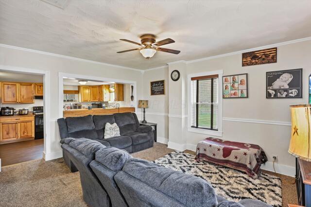 living area featuring dark carpet, crown molding, baseboards, and ceiling fan