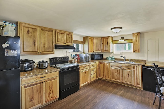 kitchen featuring a sink, stone counters, under cabinet range hood, dark wood-type flooring, and black appliances
