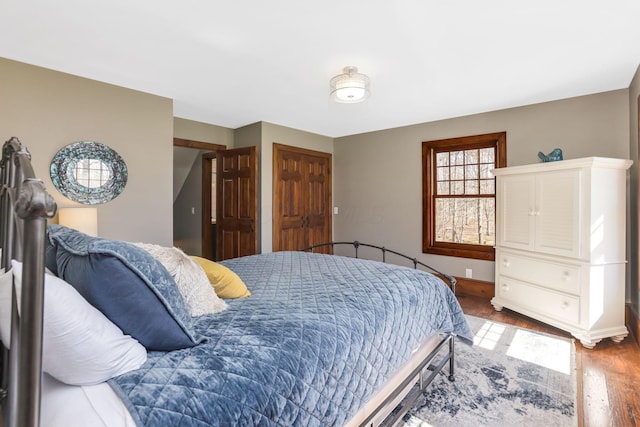 bedroom with baseboards, wood finished floors, and a closet