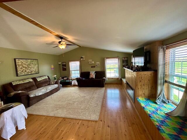 9330 Pidcock Rd, Zanesville, OH 43701 - living room featuring lofted ceiling, wood finished floors, a fireplace, and ceiling fan