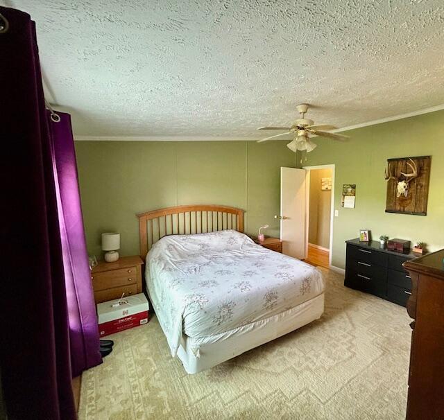 9330 Pidcock Rd, Zanesville, OH 43701 - bedroom with ceiling fan, a textured ceiling, light colored carpet, and ornamental molding